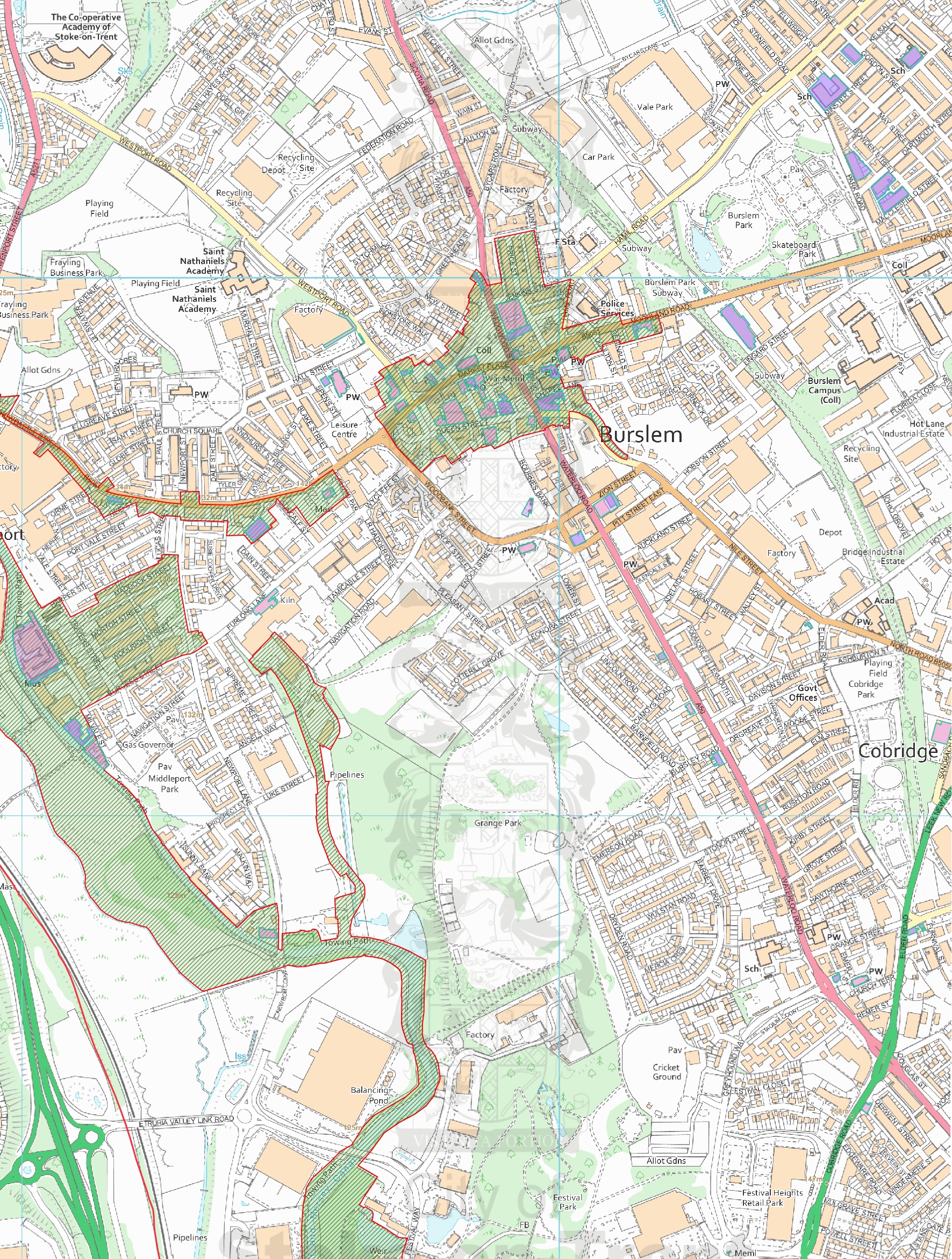 B1 Roadshow map including listed buildings (pink), buildings of special local interest (purple) and conservation areas (green)
