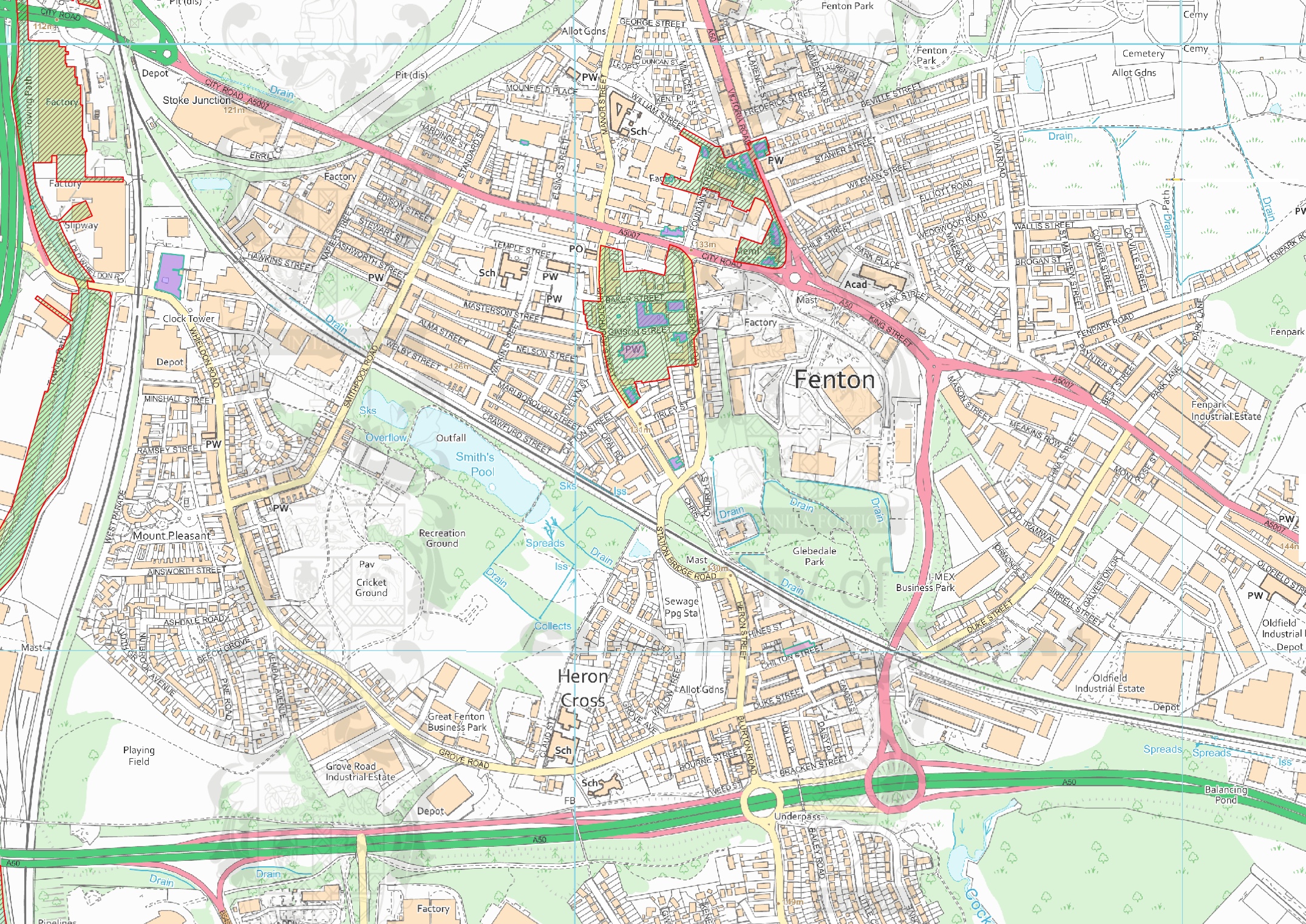 F1 Roadshow map including listed buildings (pink), buildings of special local interest (purple) and conservation areas (green)