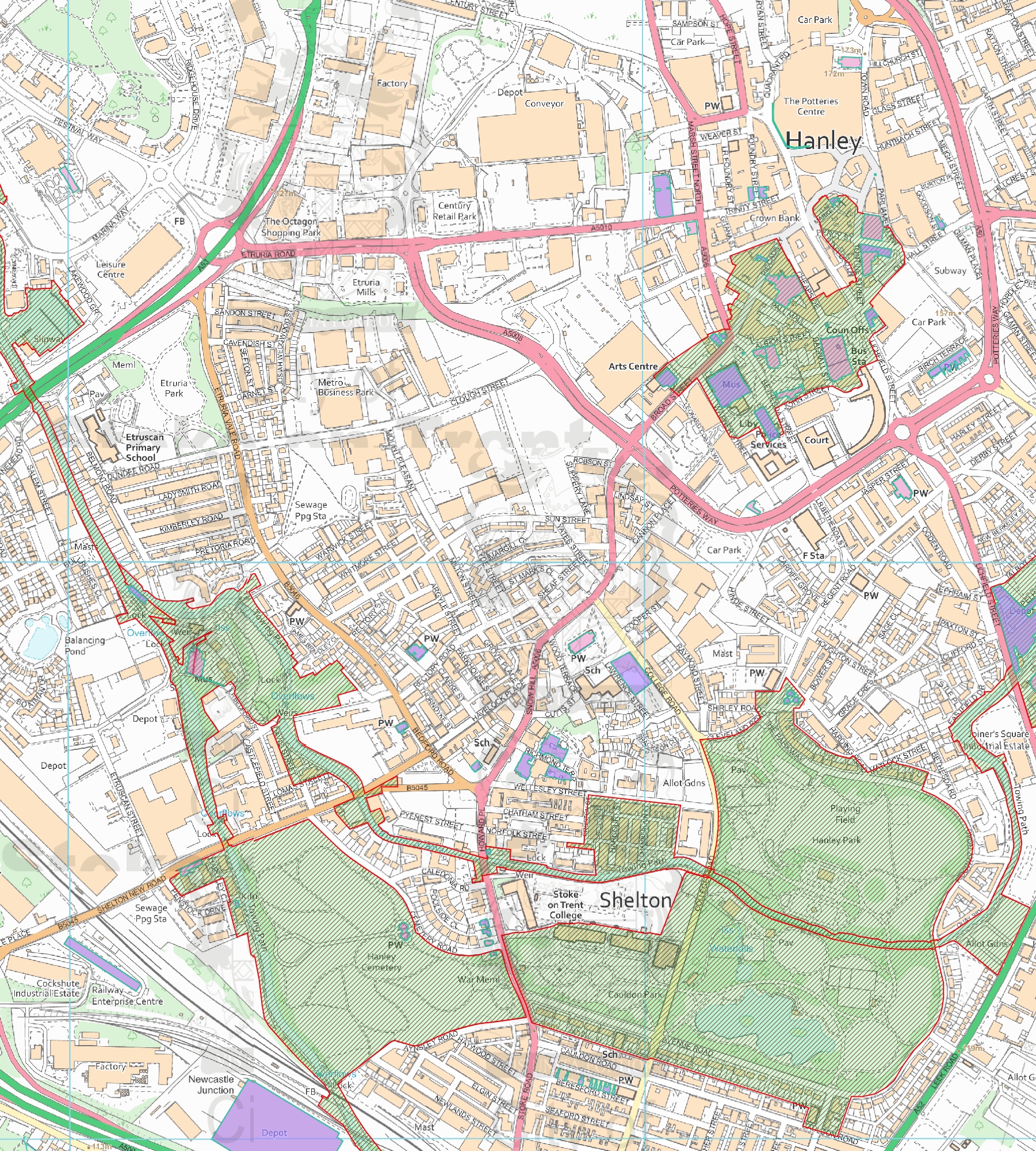 H1 Roadshow map including listed buildings (pink), buildings of special local interest (purple) and conservation areas (green)