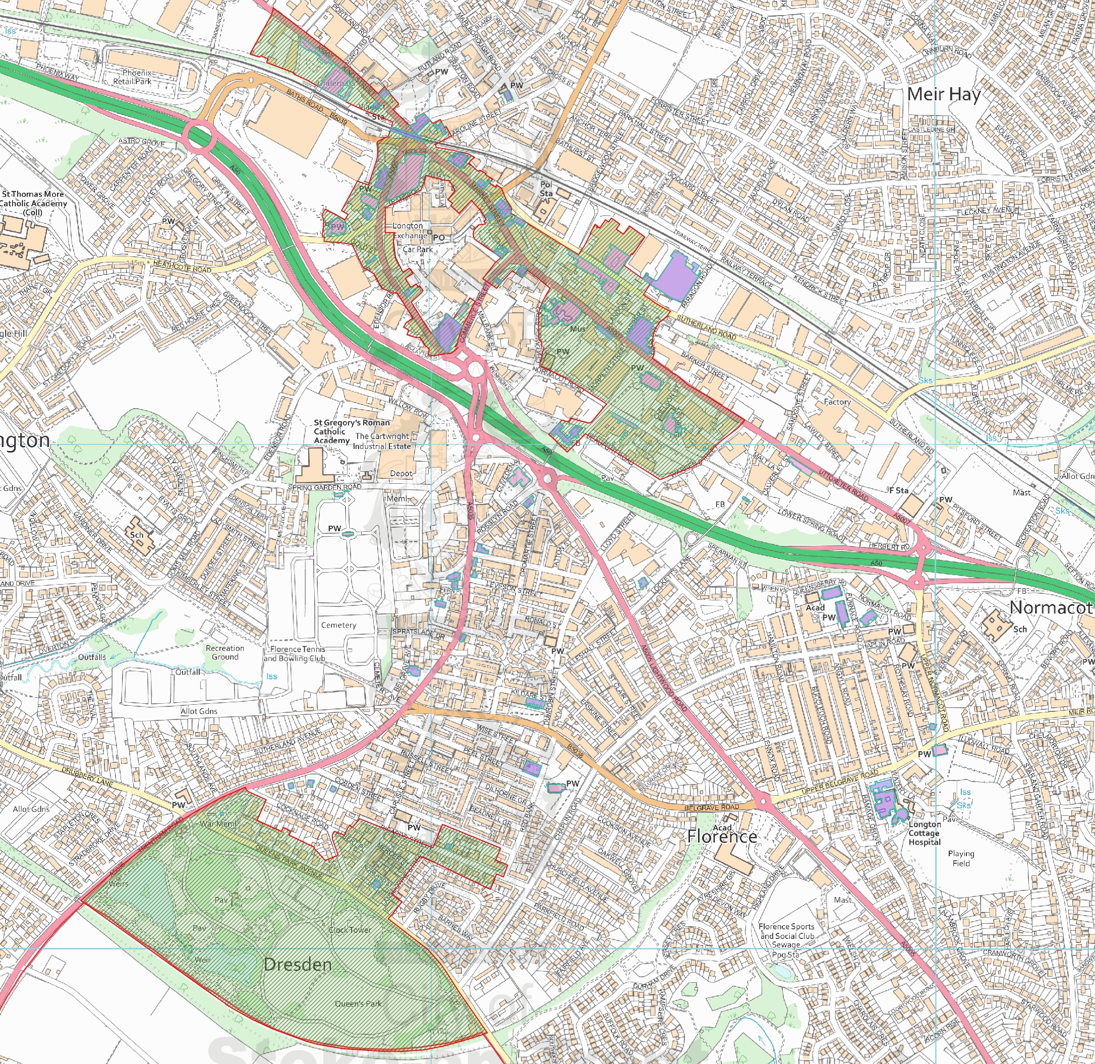 L1 Roadshow map including listed buildings (pink), buildings of special local interest (purple) and conservation areas (green)
