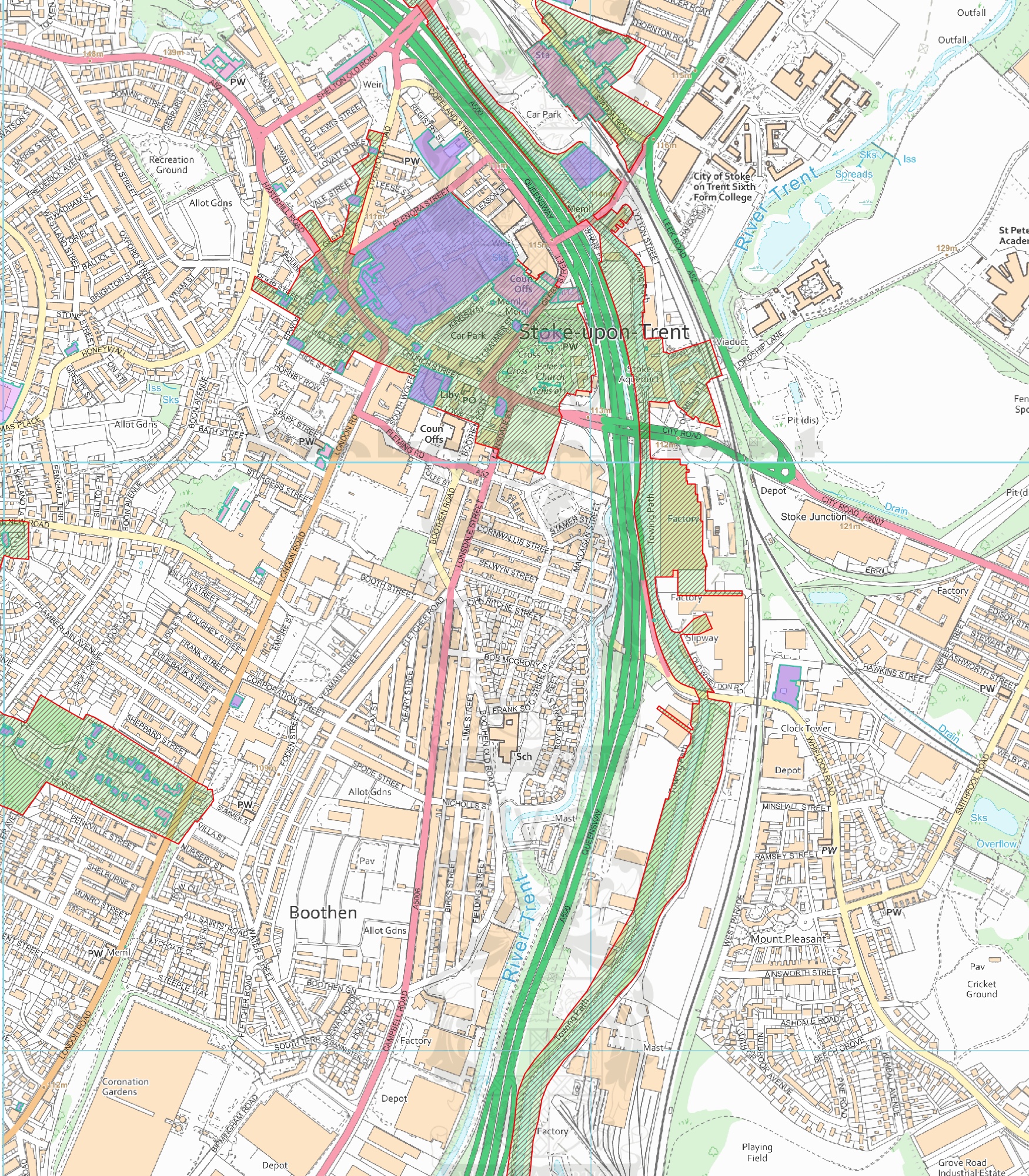 S1 Roadshow map including listed buildings (pink), buildings of special local interest (purple) and conservation areas (green)